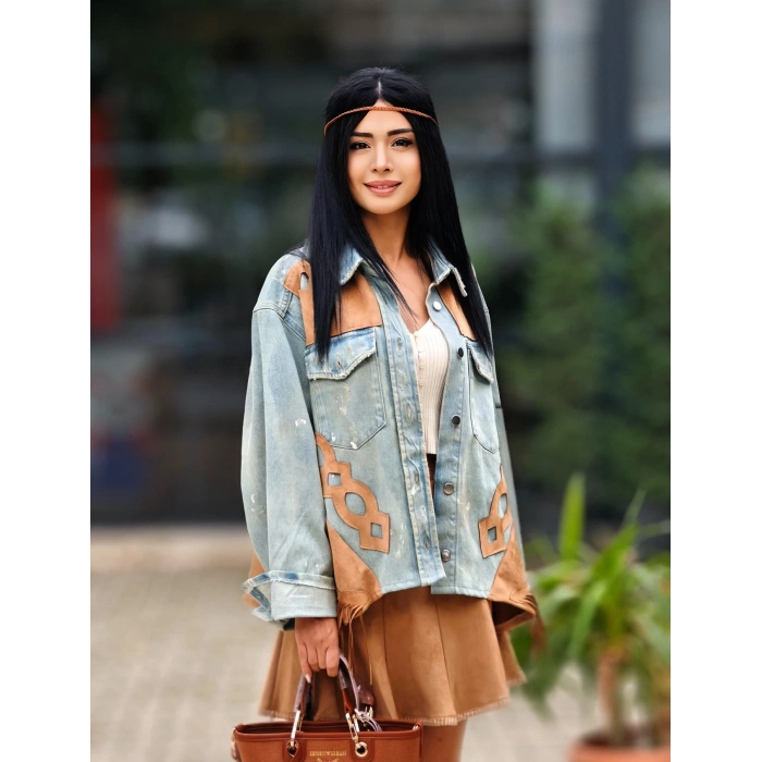 SÜET PÜSKÜL DETAYLI JEAN CEKET