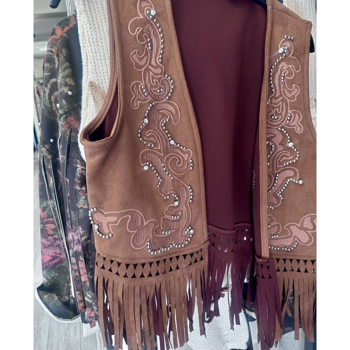 TABA İŞLEMELİ PÜSKÜLLÜ SÜET YELEK