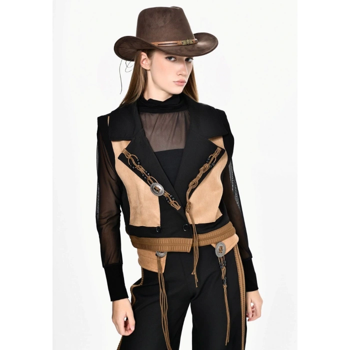 TABA SÜET DETAYLI YELEKLİ TASARIM TAKIM