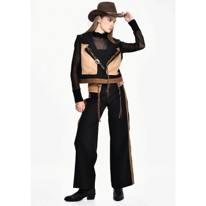 TABA SÜET DETAYLI YELEKLİ TASARIM TAKIM