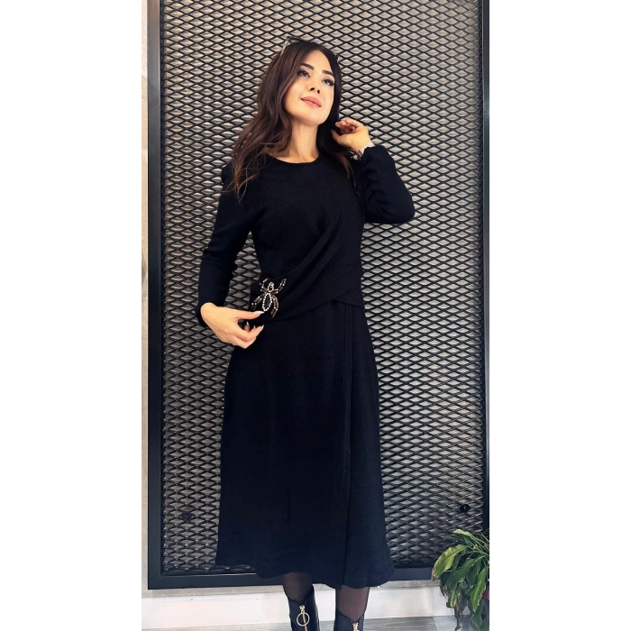 TAŞLI BROŞ DETAY TRİKO ELBİSE