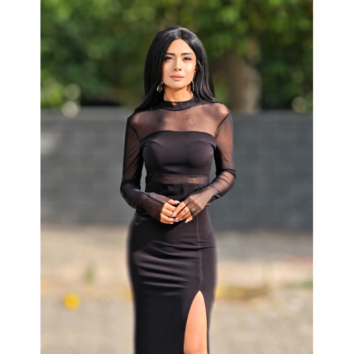 TRANSPARAN BEL DETAYLI SİYAH ELBİSE