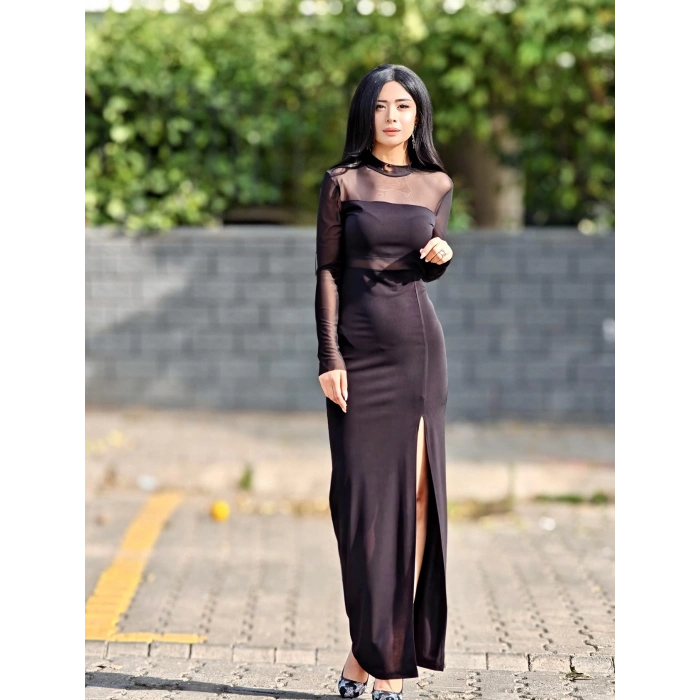 TRANSPARAN BEL DETAYLI SİYAH ELBİSE