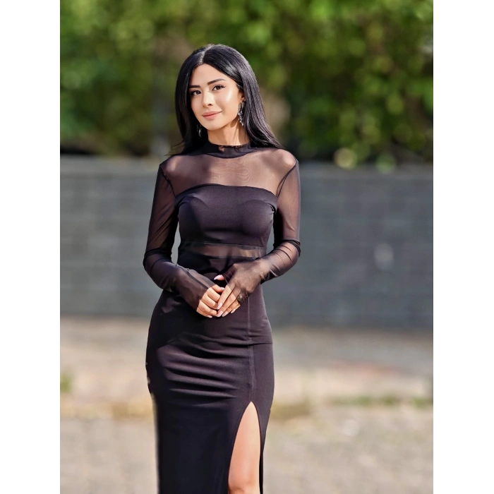 TRANSPARAN BEL DETAYLI SİYAH ELBİSE