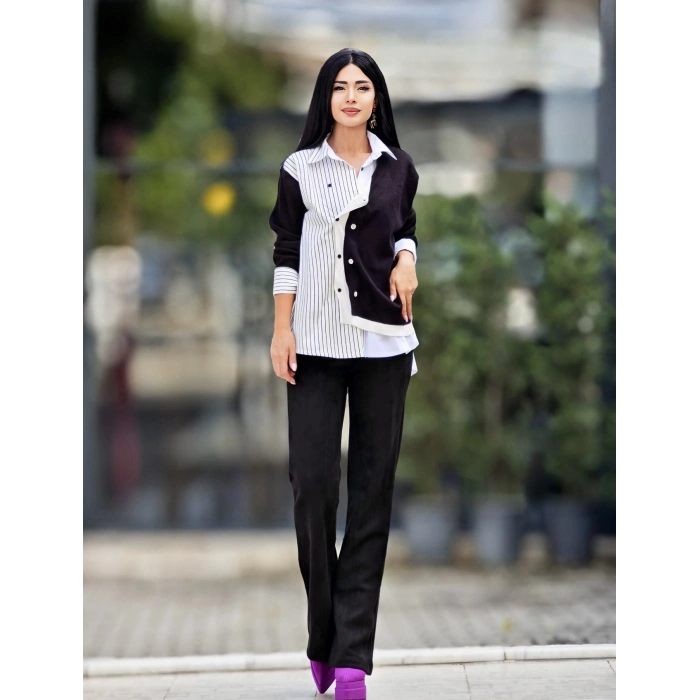 TRİKO DETAYLI SİYAH BEYAZ GÖMLEK