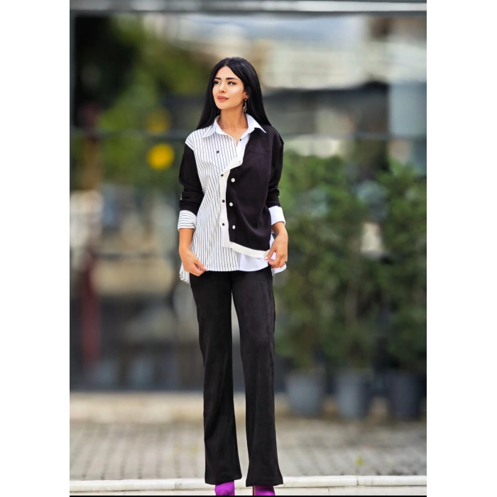 TRİKO DETAYLI SİYAH BEYAZ GÖMLEK