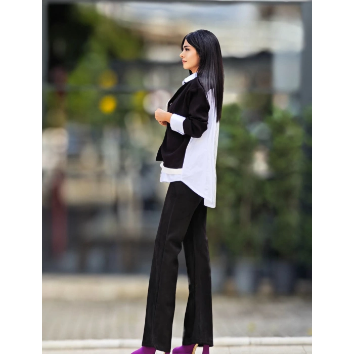 TRİKO DETAYLI SİYAH BEYAZ GÖMLEK