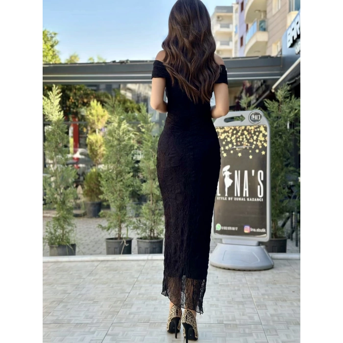 TÜL DETAY SİYAH ELBİSE
