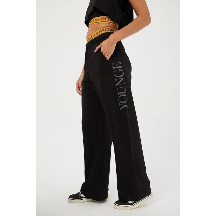 TURUNCU BEL LASTİK DETAY SİYAH PANTOLON