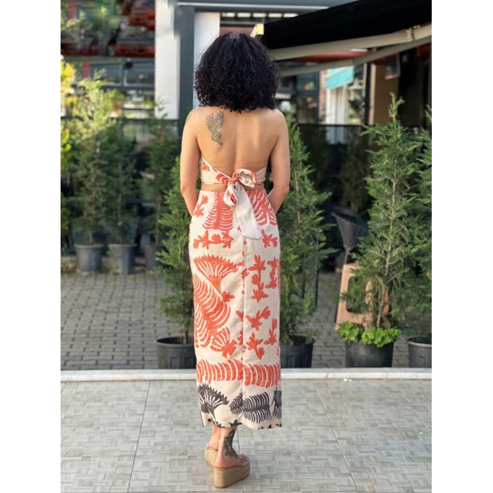 TURUNCU DESENLİ ETEK CROP TAKIM