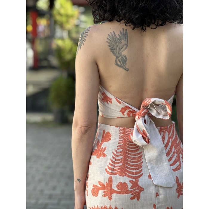 TURUNCU DESENLİ ETEK CROP TAKIM