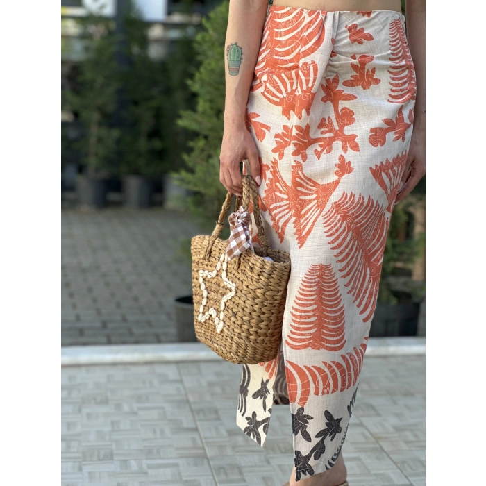 TURUNCU DESENLİ ETEK CROP TAKIM