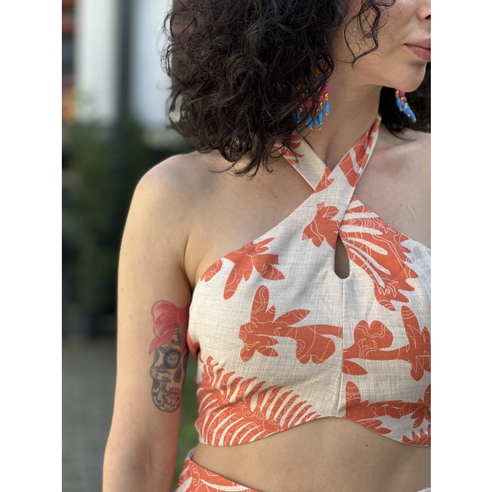 TURUNCU DESENLİ ETEK CROP TAKIM