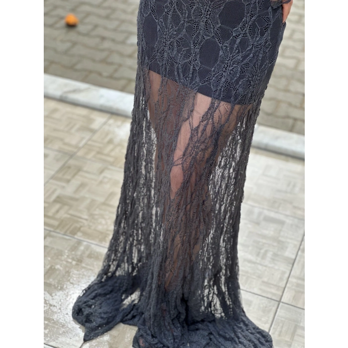 YAKA DETAYLI TÜL ANTRASİT ELBİSE