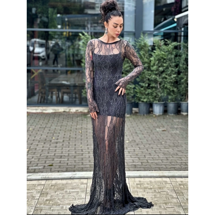 YAKA DETAYLI TÜL ANTRASİT ELBİSE