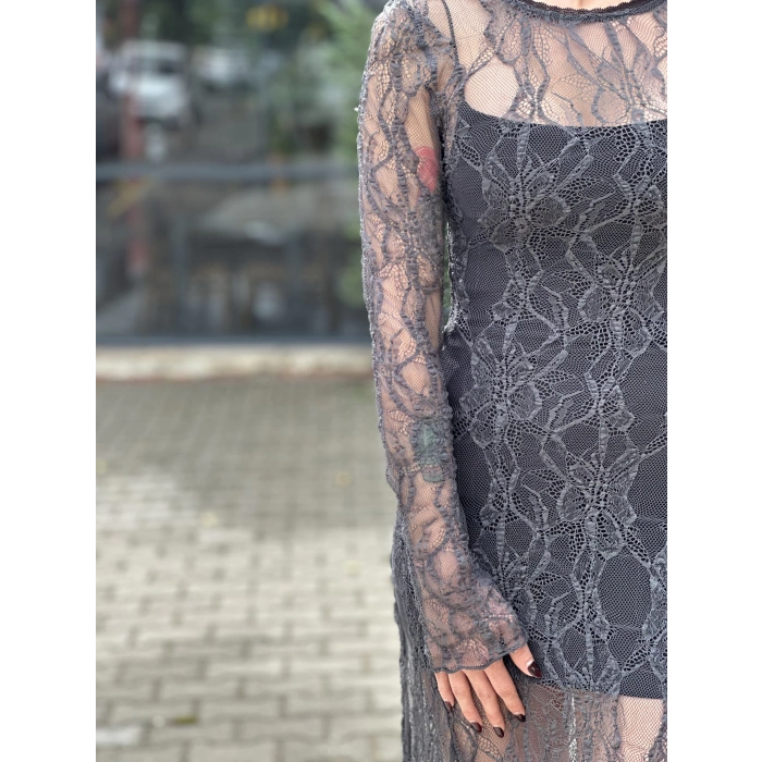 YAKA DETAYLI TÜL ANTRASİT ELBİSE