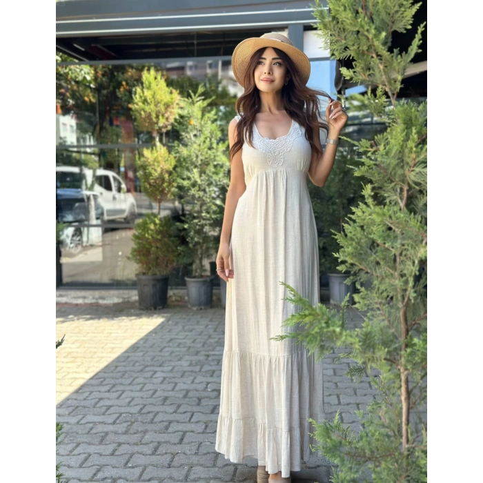 YAKASI İŞLEMELİ KETEN ELBİSE