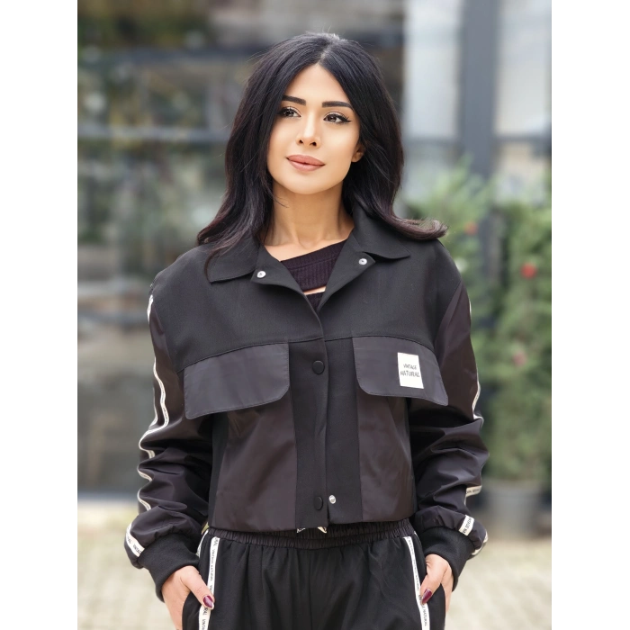 YAN ŞERİTLİ SPOR CEKET SİYAH