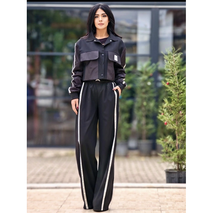 YAN ŞERİTLİ SPOR CEKET SİYAH