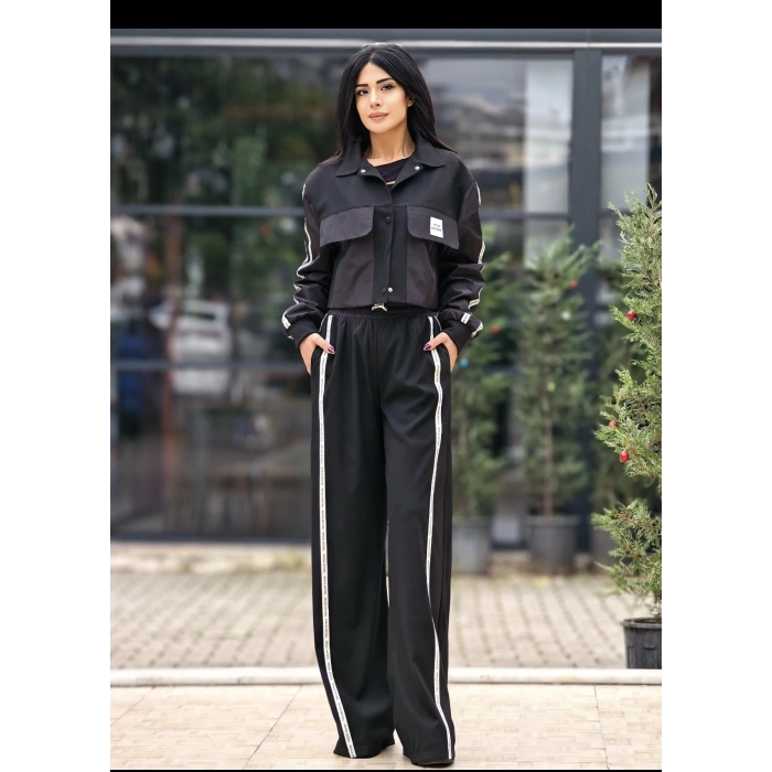 YAN ŞERİTLİ SPOR CEKET SİYAH