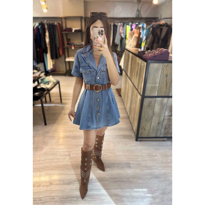 YARIM KOL KEMERLİ KOT ELBİSE