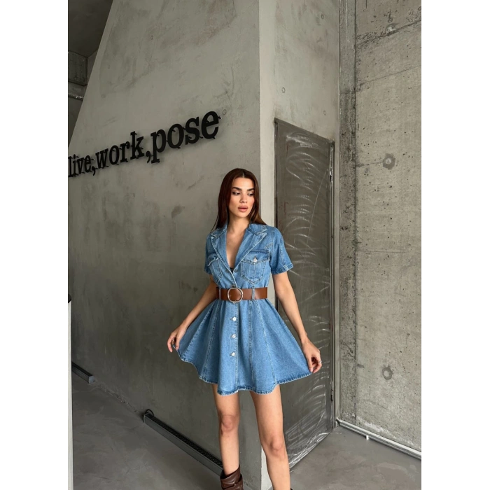 YARIM KOL KEMERLİ KOT ELBİSE