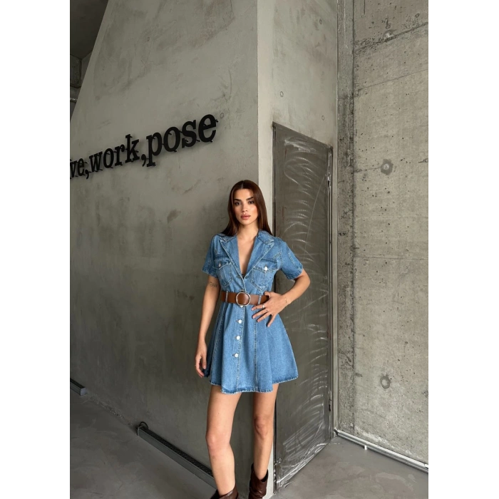 YARIM KOL KEMERLİ KOT ELBİSE