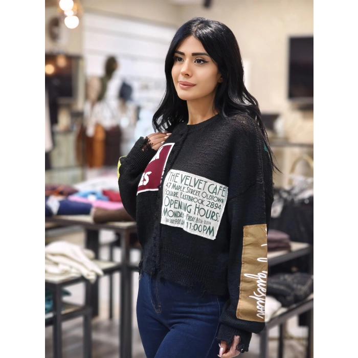 YAZILI BASKILI TRİKO SİYAH