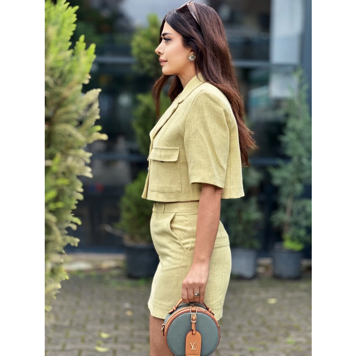 YUVARLAK KAHVERENGİ DERİ DETAYLI SU YEŞİLİ ÇANTA