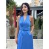 MAVİ SATEN DOKULU BEL BAĞLAMALI ELBİSE