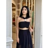 SİYAH ŞİFON PİLİSELİ PANTOLON CROP TAKIM