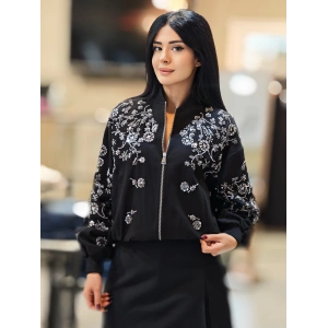 IŞILTILI İŞLEMELİ SİYAH BOMBER CEKET