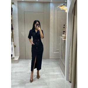 KEMERLİ TASARIM UZUN DENİM ELBİSE