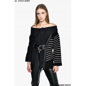 ÇİZGİLİ DERİ KEMERLİ TASARIM TRİKOLU GÖMLEK