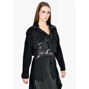 DERİ ÇİÇEK DETAYLI JEAN CEKET