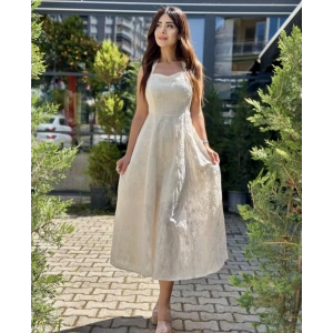 EKRU FİSTO KUMAŞ MIDI ELBİSE