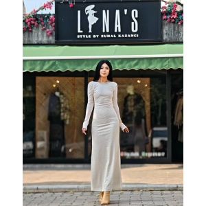 EKRU SIRT DEKOLTELİ ELBİSE