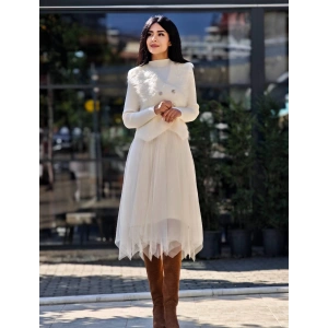 İTHAL EKRU TÜL VE TRİKO DETAY KÜTK YELEKLİ ELBİSE