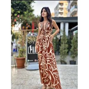 İTHAL KAHVE DESEN BEL DEKOLTELİ ELBİSE