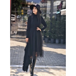 İTHAL TRİKO TÜL DETAY SİYAH ELBİSE