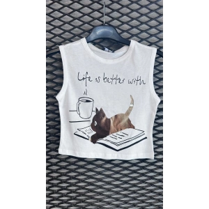 KEDİ BASKILI BEYAZ CROP