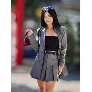 KEMERLİ GRİ DESENLİ PİLELİ ETEK