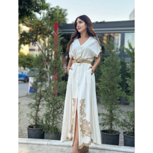 KEMERLİ NATURAL KETEN ELBİSE