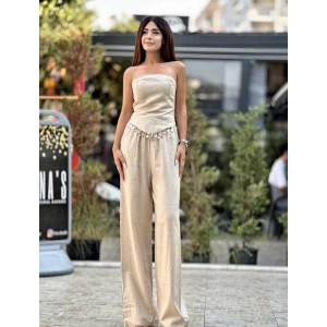 KETEN BONCUK DETAYLI BLUZ PANTOLON TAKIM