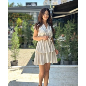 KETEN VOLAN ETEK KREM ELBİSE