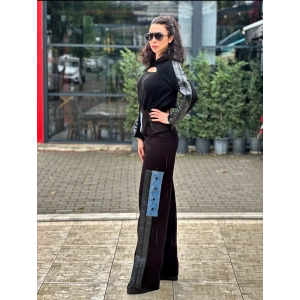 KOT DETAYLI SİYAH TRİKO PANTOLON