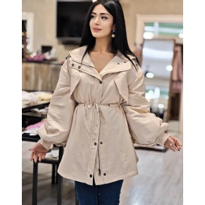 KREM KAPUŞONLU BEL BAĞLAMALI MONT