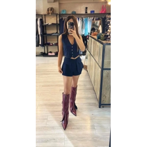 LACİVERT TAŞLI DÜĞMELİ ÇİZGİLİ YELEK