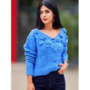 MAVİ ÇİÇEK DETAYLI TRİKO HIRKA