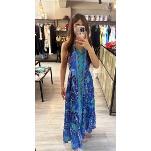 MAVİ DESENLİ BOYUNDAN BAĞLAMALI ELBİSE